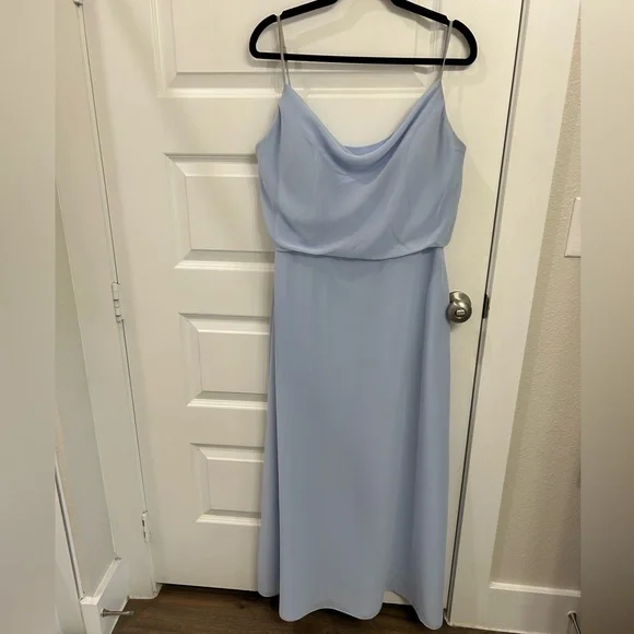 skye blue bridesmaid dresses Skye Blue Bridesmaid Dresses A Line Off The Shoulder V-Neck Stretch Satin  Bridesmaid Dress With Slit main image 0